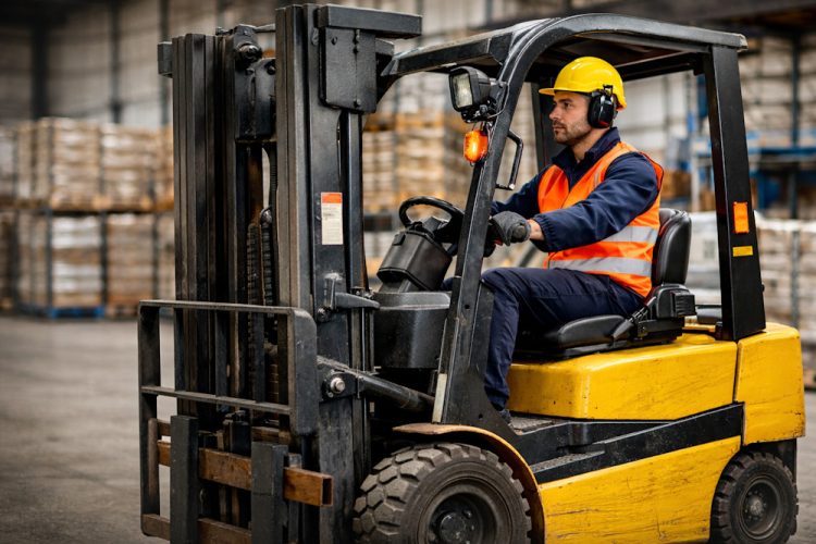 Forklift operator in busy warehouse with a Forklift Licence